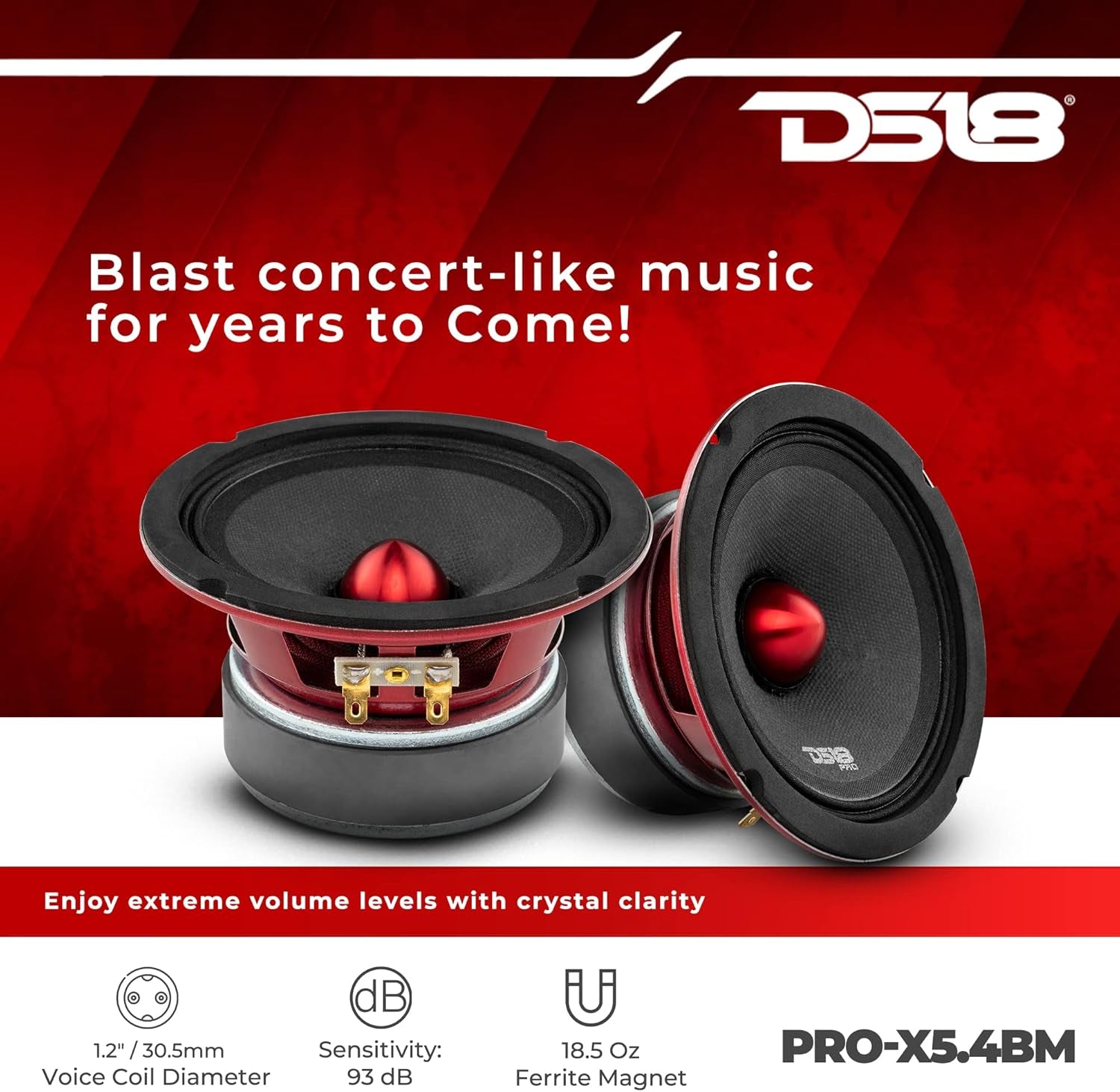 PRO-X5.4BM Loudspeaker - 5.25", Midrange, Red Aluminum Bullet, 300W Max, 150W RMS, 4 Ohms - Premium Quality Audio Door Speakers for Car or Truck Stereo Sound System (1 Speaker)