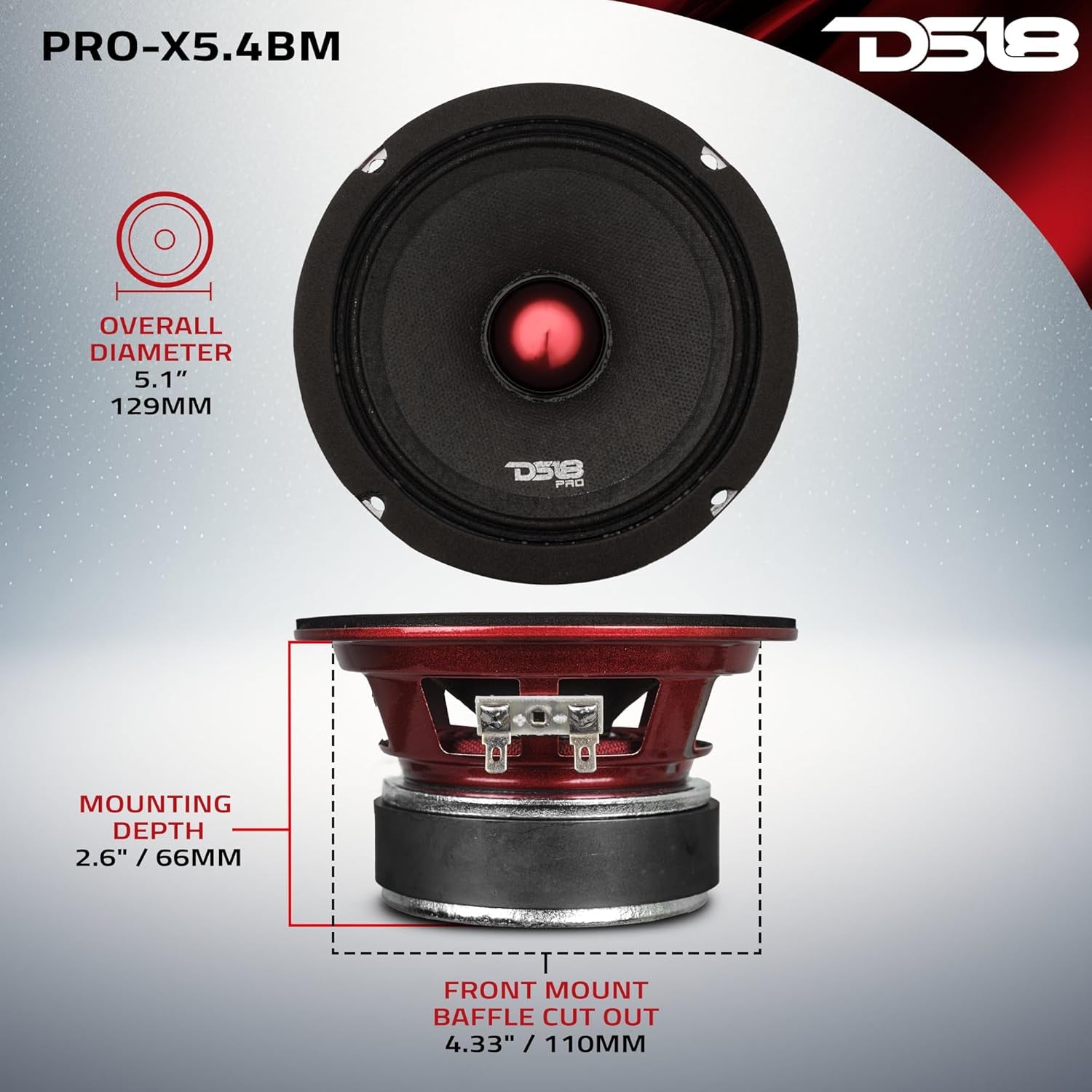 PRO-X5.4BM Loudspeaker - 5.25", Midrange, Red Aluminum Bullet, 300W Max, 150W RMS, 4 Ohms - Premium Quality Audio Door Speakers for Car or Truck Stereo Sound System (1 Speaker)