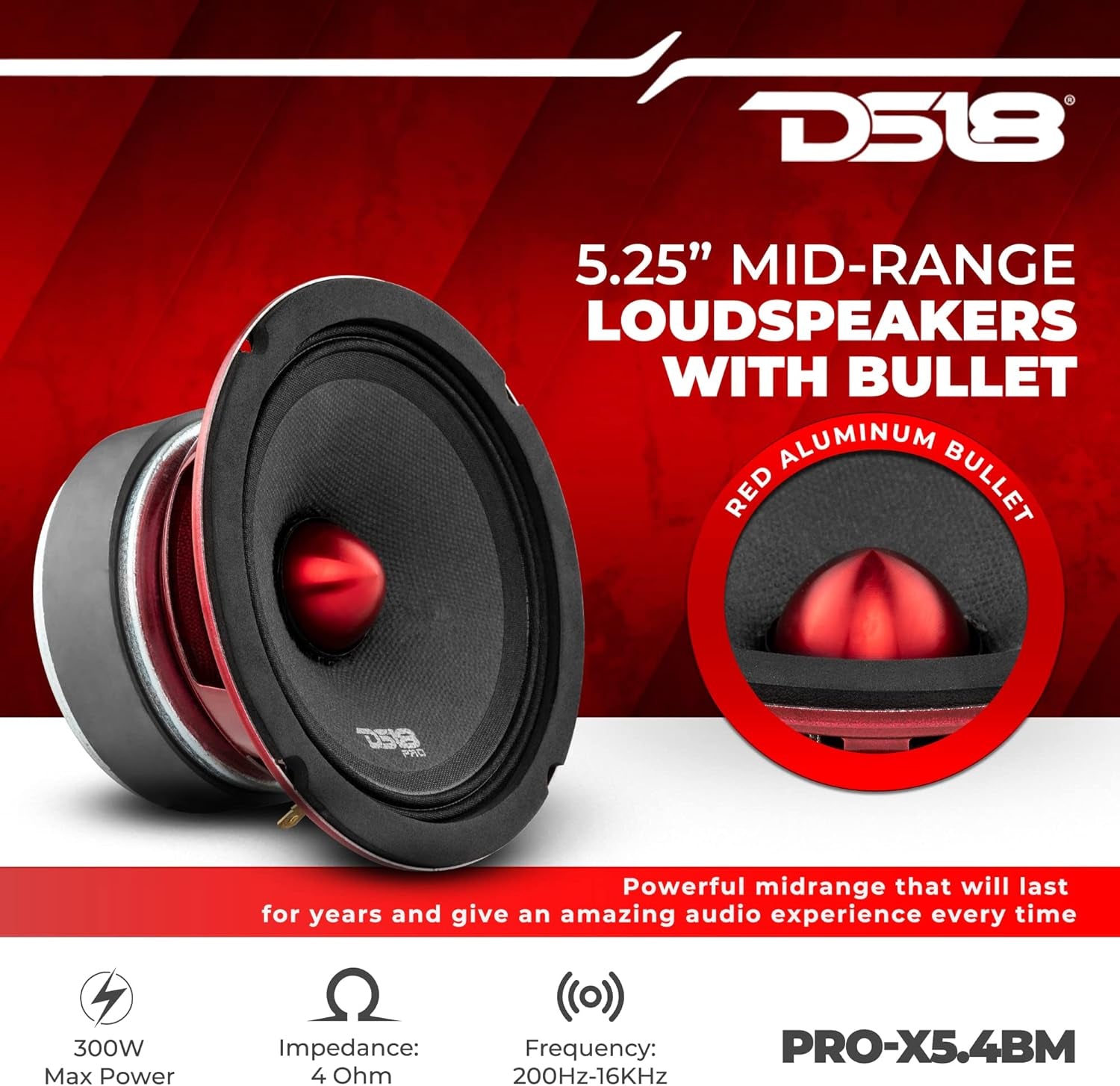PRO-X5.4BM Loudspeaker - 5.25", Midrange, Red Aluminum Bullet, 300W Max, 150W RMS, 4 Ohms - Premium Quality Audio Door Speakers for Car or Truck Stereo Sound System (1 Speaker)