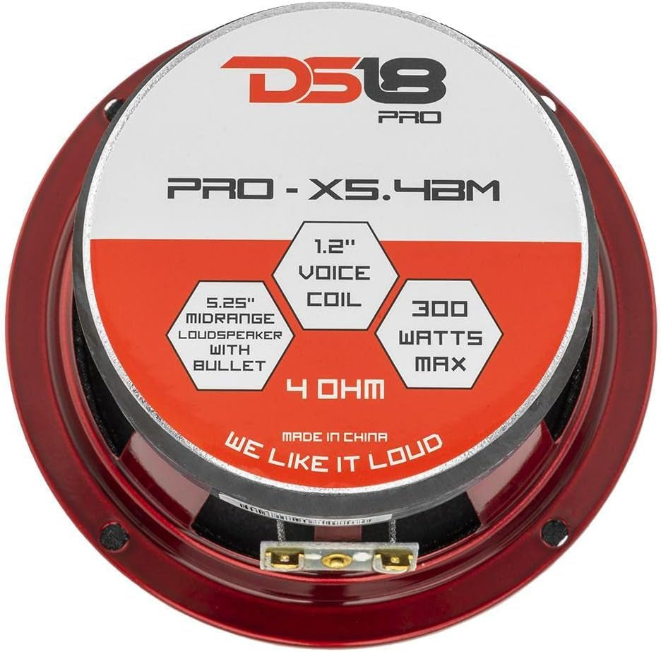 PRO-X5.4BM Loudspeaker - 5.25", Midrange, Red Aluminum Bullet, 300W Max, 150W RMS, 4 Ohms - Premium Quality Audio Door Speakers for Car or Truck Stereo Sound System (1 Speaker)